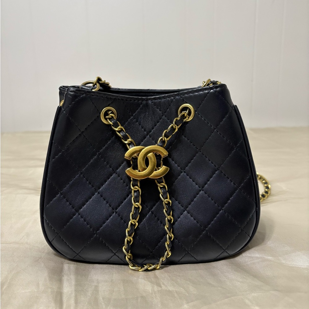 Black Cowhide Leather Crossbody drawstring bag
